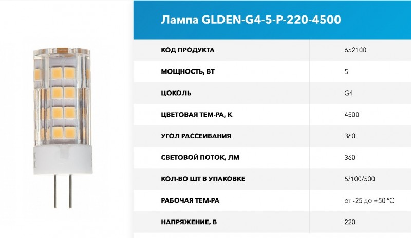 Лампа GLDEN-G4-5-P-220-4500 5/100/500 GNRL RSP