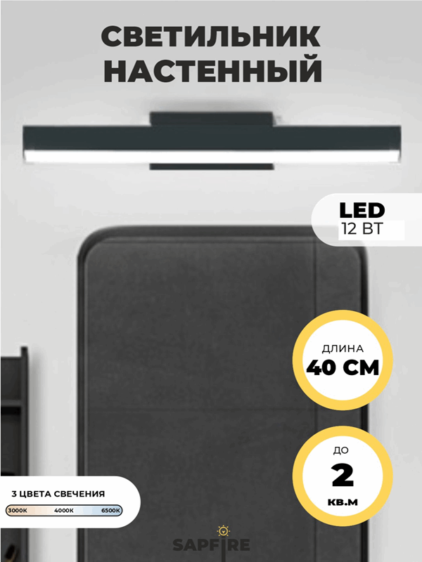 Светильник настенный SPF-4772 BLACK/ЧЕРНЫЙ ` 400мм с выключателем MIRROR 24-07 (1 из 25 шт в коробке