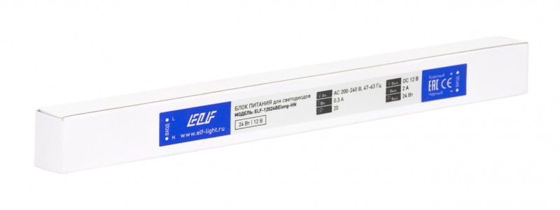 Блок питания интерьерный ELF, 12В, 24Вт, узкий, металлический ELF-12024BElong-HN