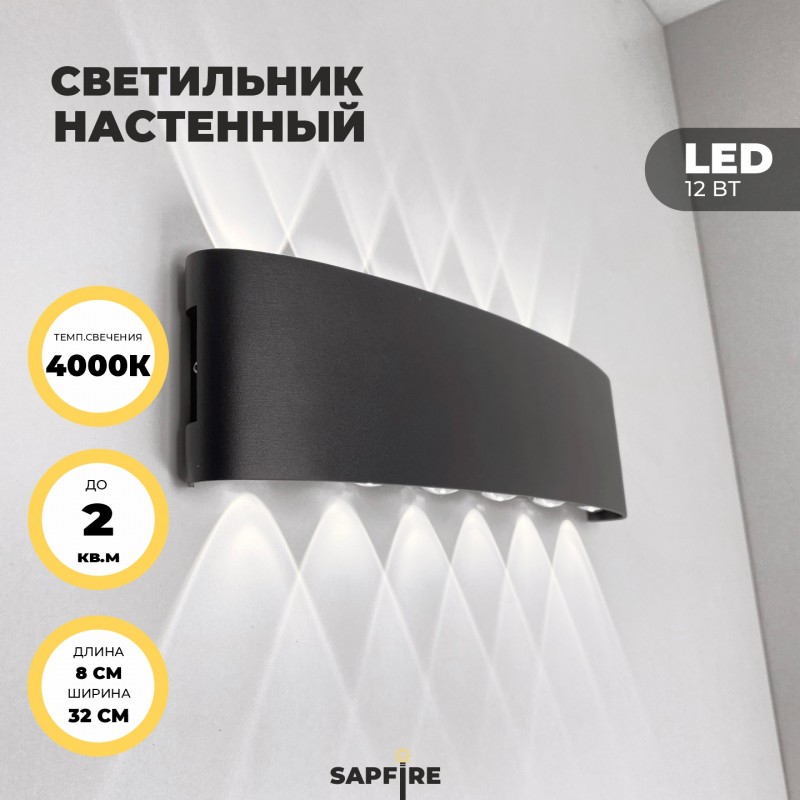 Светильник настенный SAPFIR SPF-4812 BLACK/ЧЕРНЫЙ ` D320*80/H45/1/LED/12W/4000K IP65 TWIN 24-07