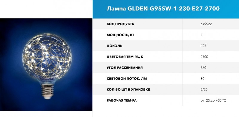 Лампа Филамент GLDEN-G95SW-1-230-E27-2700 GNRL RSP 10/100
